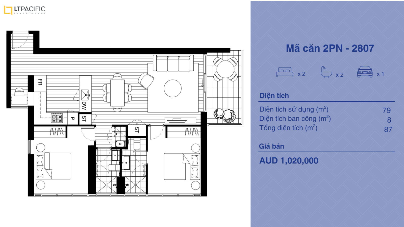 Mặt bằng căn hộ 2PN điển hình