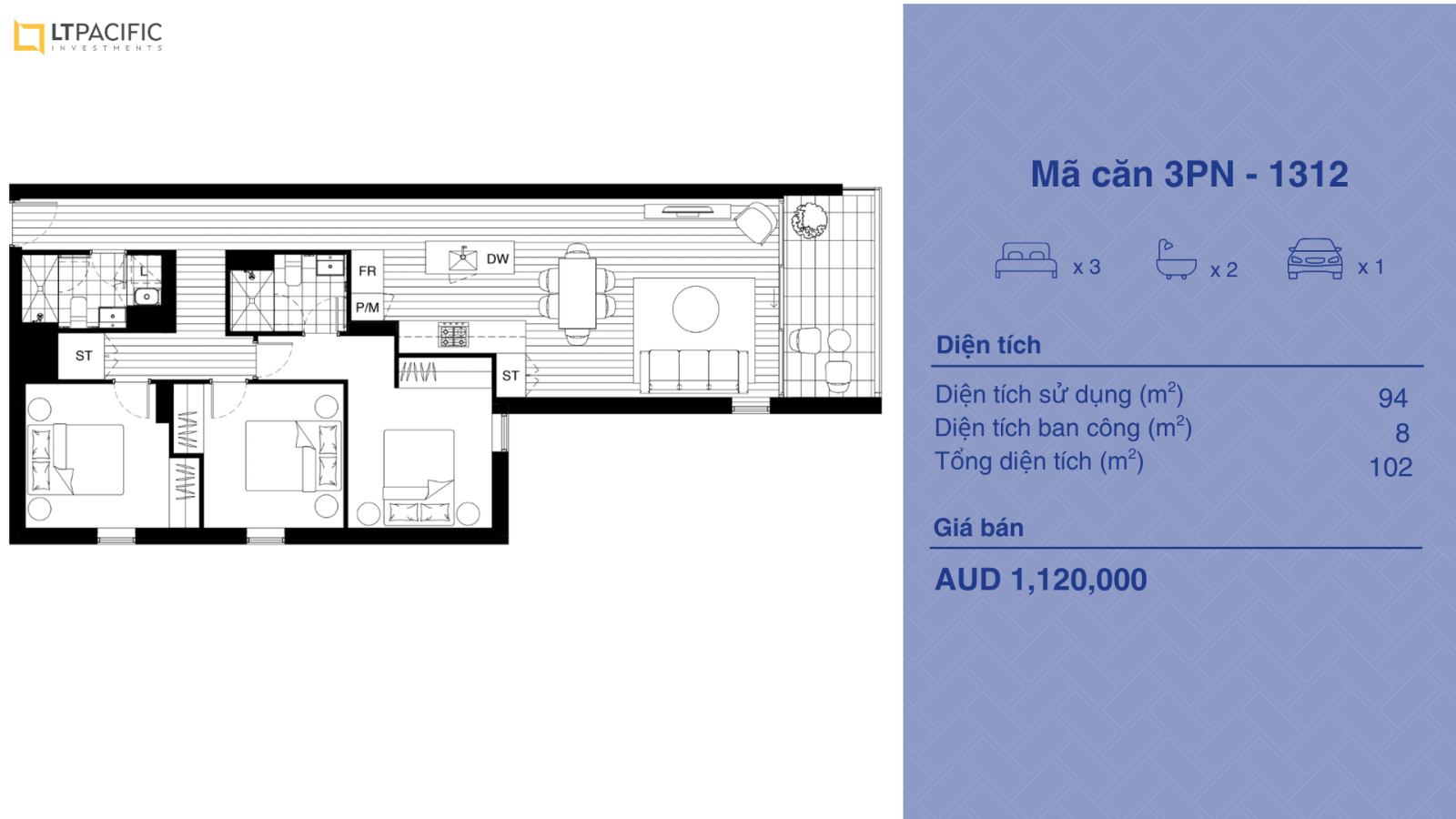 Mặt bằng căn hộ 3PN điển hình
